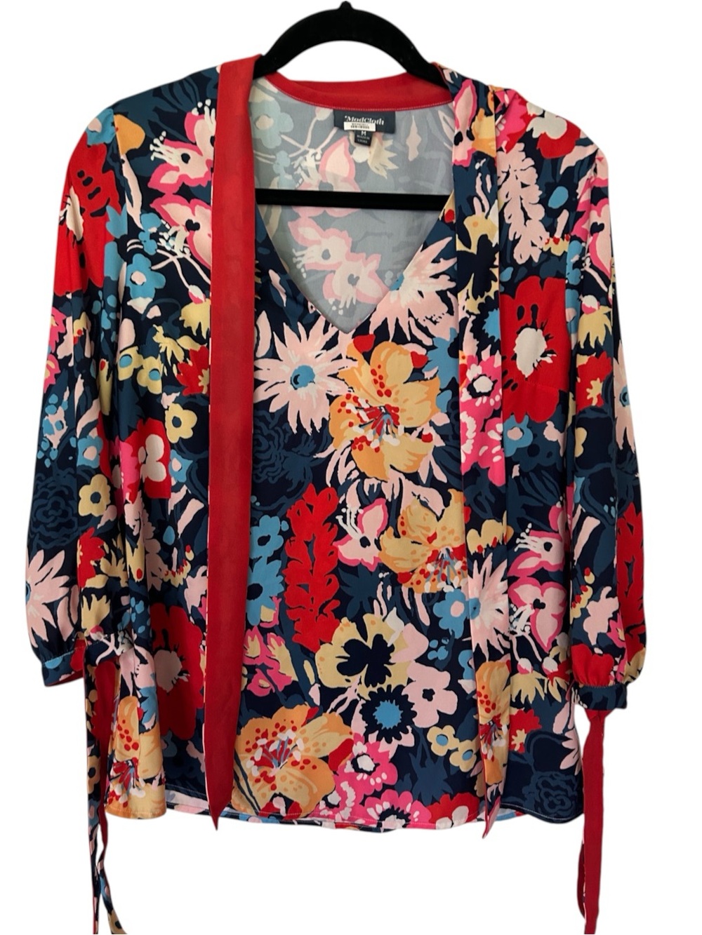 ModCloth Multicolor Floral V-Neck Blouse Top Navy Red Boho Tie - Size Medium